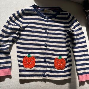 Mini Boden Blue & White Striped Cardigan with Crochet Pumpkins Detail. Size 6/7